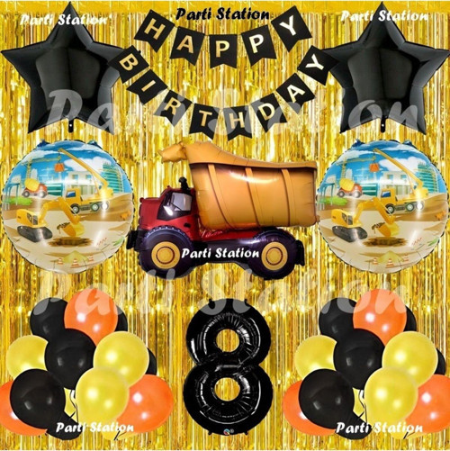 İnşaat Konsept Kamyon Balon Set 8 Yaş Sarı Siyah İnşaat Tema Kamyon Doğum Günü Balon Set