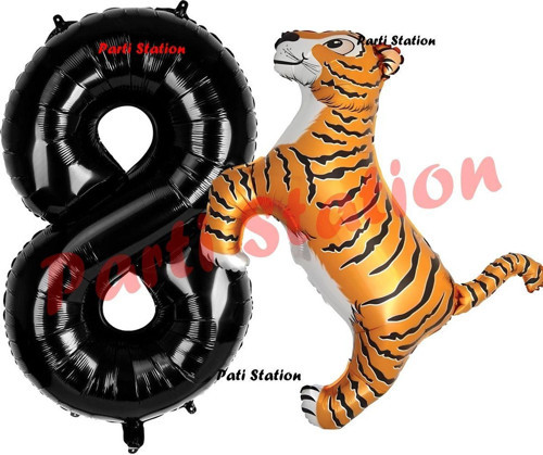 Safari Kaplan Balon 8 Yaş Balon Set Kaplan Balon Ve Siyah Rakam Balon Doğum Günü Seti