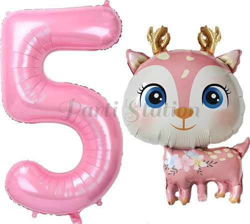 Sevimli Geyik 5 Yaş Balon Set Ceylan Balon Woodland Konsept Geyik Balon Ve Pembe Renk Rakam Balon