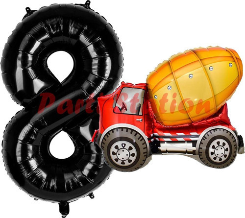 İnşaat Mikser Kamyonu Balon 8 Yaş Doğum Günü Balon Set İş Makinaları Konsept Ve Siyah Rakam Balon
