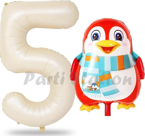 Sevimli Penguen Balon 5 Yaş Doğum Günü Balon Set Penguen Konsept Ve Krem Renk Rakam Balon
