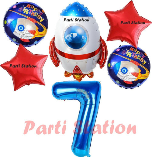 Uzay Konsept Roket Balon 7 Yaş Doğum Günü Set Uzay Konsept Balon Rakam Balon Set