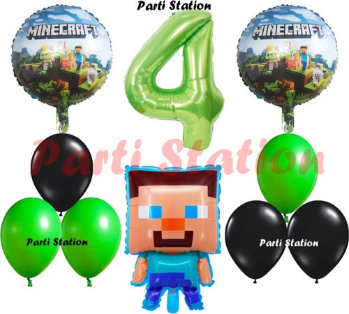 Yeşil Rakam Balonlu Minecraft Konsept Doğum Günü 4 Yaş Balon Set Minecraft Yeşil Siyah Balon Set