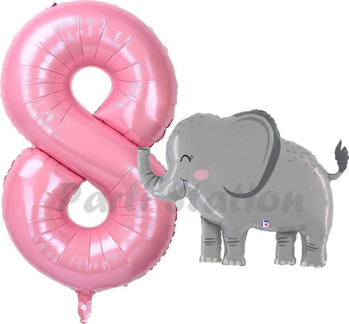 Sevimli Fil Balon 8 Yaş Doğum Günü Balon Set Safari Konsept Fil Balon Ve Pembe Renk Rakam Balon