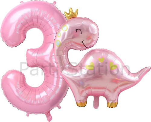 Pembe Dinozor 3 Yaş Pembe Renk Rakam Balon Set Sevimli Pembe Dinozor Konsept Doğum Günü Balon Set