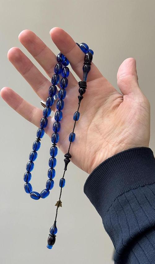 Emine Reşvani Usta İşçilik Koyu Mavi Renk Ateş Kehribar Tesbih