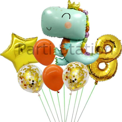 Sevimli Yeşil Dinozor Konsept 8 Yaş Balon Set Jurassic Dinozor Tema Doğum Günü Folyo Balon Set