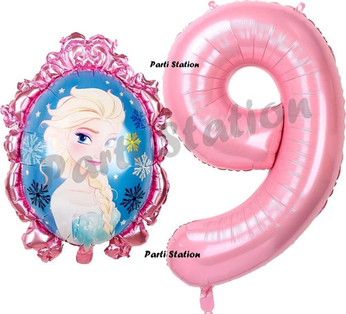 Frozen Balon 9 Yaş Doğum Günü Set Karlar Ülkesi Konsept Balon Ve Pembe Rakam Balon Doğum Günü Set
