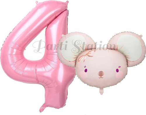 Pink Mouse 1 Yaş Balon Set Sevimli Pembe Fare Konsept Balon Ve Pembe Rakam Balon Hamster Balon