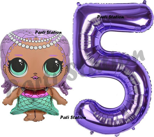 Mermaid Bebek 5 Yaş Balon Ve Mor Rakam Balon Doğum Günü Parti Set