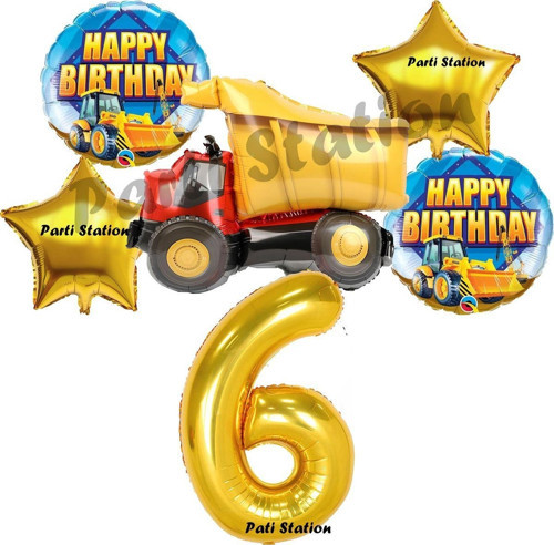 İnşaat Konsept 6 Yaş Doğum Günü Balon Set Kamyon Balon Ve Gold Rakam Balon Doğum Günü Parti Set