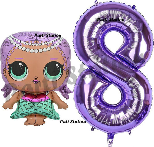 Mermaid Lol Bebek 8 Yaş Balon Ve Mor Rakam Balon Doğum Günü Parti Set