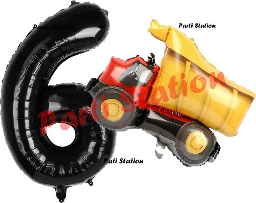 İnşaat Konsept 6 Yaş Doğum Günü Balon Set Kamyon Balon Ve Siyah Rakam Balon Doğum Günü Set