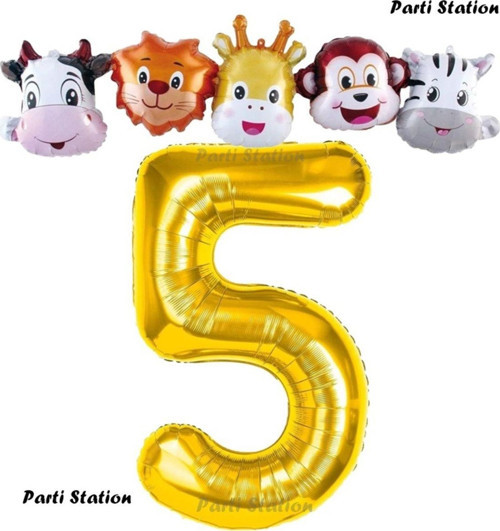 Altın Renk Rakam Balonlu Safari 5 Yaş Doğum Günü Parti Balon Set Safari Hayvanlar Tema Parti
