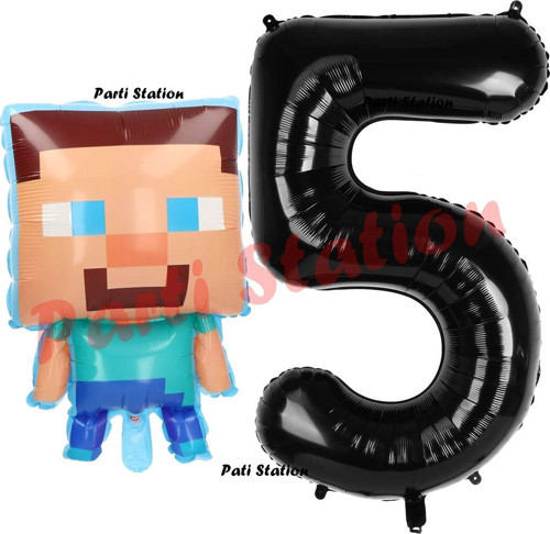 Minecraft Balon 5 Yaş Doğum Günü Set Minecraft Konsept Balon Ve Siyah Rakam Balon