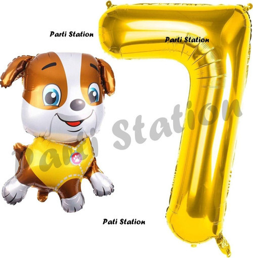 Paw Patrol İnşaat Köpek Rubble 7 Yaş Balon Ve Gold Rakam Balon Doğum Günü Parti Set