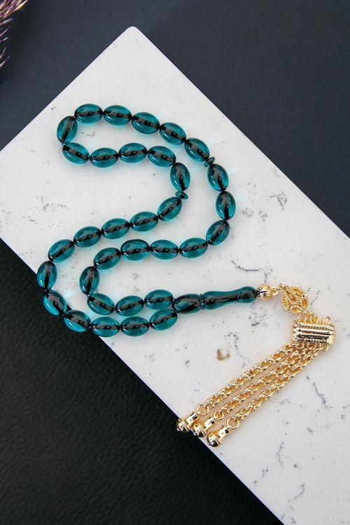 Özel Gold Püsküllü Su Yeşili Ateş Kehribar Tesbih