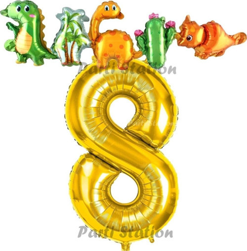 Altın Renk Rakam Balonlu Dinozor 8 Yaş Doğum Günü Parti Yapışık Balon Set Dinozor Tema Parti Set