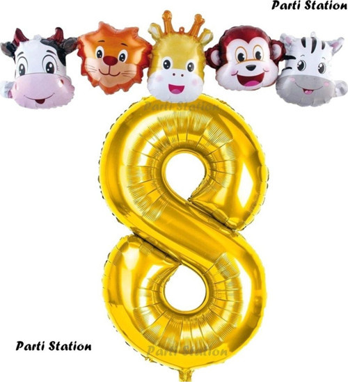 Altın Renk Rakam Balonlu Safari 8 Yaş Doğum Günü Parti Balon Set Safari Hayvanlar Tema Parti