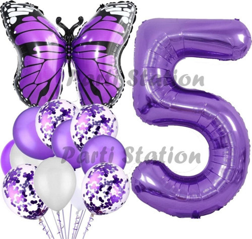 Mor Kelebek Konsept 5 Yaş Balon Set Butterfly Kelebek Mor Rakam Balon Parti Doğum Günü Balon Set