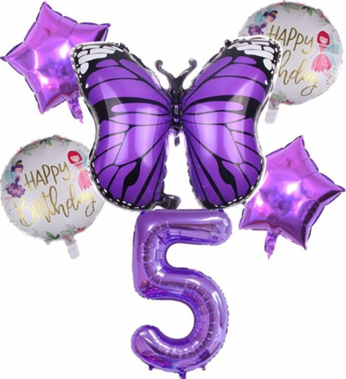 Mor Kelebek Mor Renk 5 Yaş Rakam Balon Set Doğum Günü Parti Mor Renk Helyum Balon Mor Rakam Balon