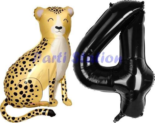 Safari Çita Balon 4 Yaş Balon Set Safari Konsept Çita Balon Ve Siyah Renk Rakam Balon