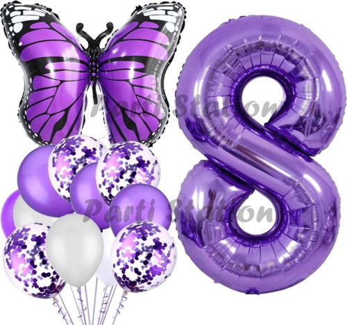 Mor Kelebek Konsept 8 Yaş Balon Set Butterfly Kelebek Mor Rakam Balon Parti Doğum Günü Balon Set