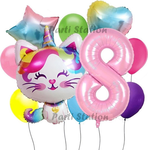 Unicorn Kedi Kitty Konsept 8 Yaş Doğum Günü Parti Balon Set Sevimli Unicorn Kedi Tema Parti Set