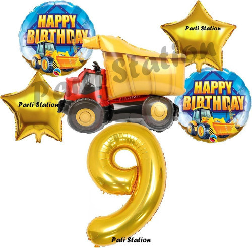 İnşaat Konsept 9 Yaş Doğum Günü Balon Set Kamyon Balon Ve Gold Rakam Balon Doğum Günü Parti Set