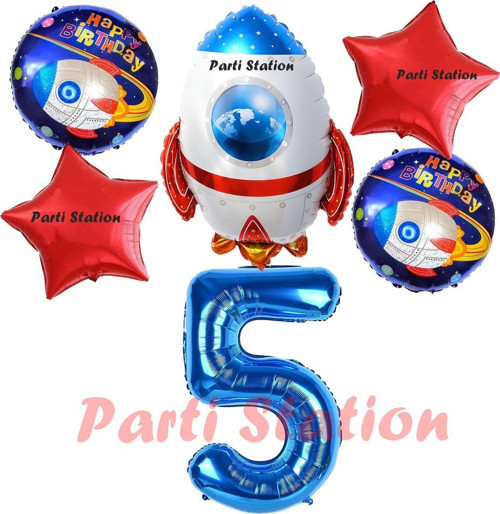 Uzay Konsept Roket Balon 5 Yaş Doğum Günü Set Uzay Konsept Balon Rakam Balon Set