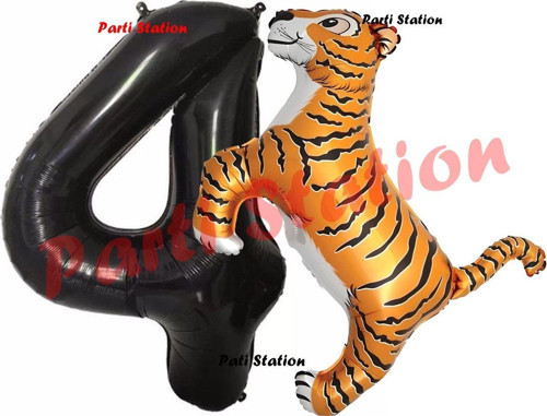Safari Kaplan Balon 4 Yaş Balon Set Kaplan Balon Ve Siyah Rakam Balon Doğum Günü Seti