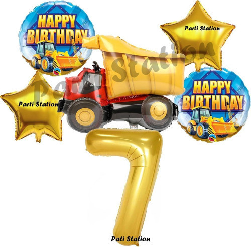 İnşaat Konsept 7 Yaş Doğum Günü Balon Set Kamyon Balon Ve Gold Rakam Balon Doğum Günü Parti Set