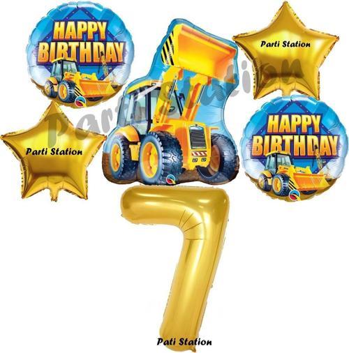 İnşaat Konsept 7 Yaş Doğum Günü Balon Set Kamyon Kepçe Balon Ve Gold Rakam Balon Parti Set