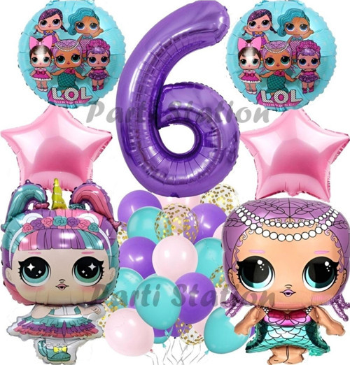 Surprise Konsept 6 Yaş Balon Set Unicorn Lol Bebek Mor Rakam Balon Parti Doğum Günü Balon Set