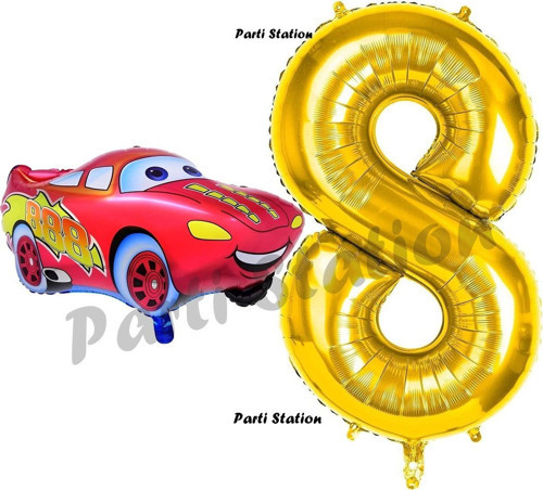 Cars Arabalar Balon Konsept 8 Yaş Balon Set Şimşek Mcqueen Balon Ve Gold Rakam Balon Doğum Günü Set