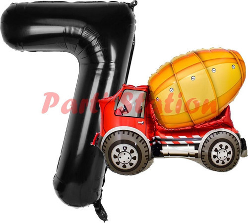 İnşaat Mikser Kamyonu Balon 7 Yaş Doğum Günü Balon Set İş Makinaları Konsept Ve Siyah Rakam Balon