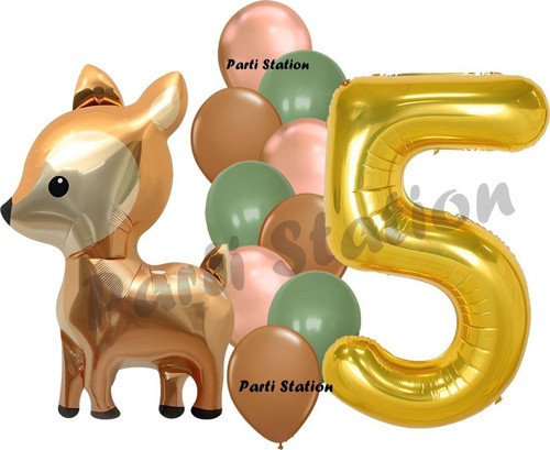 Woodland Geyik Balon 5 Yaş Balon Set Sevimli Ceylan Balon Ve Gold Rakam Balon Doğum Günü Set
