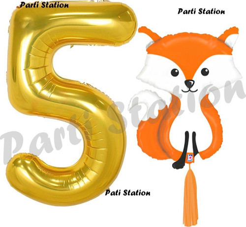 Woodland Tilki Balon 5 Yaş Balon Set Sevimli Tilki Balon Ve Gold Rakam Balon Doğum Günü Seti
