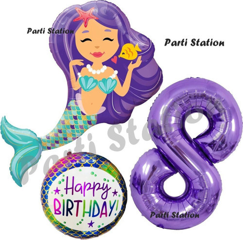 Deniz Kızı Konsept Mermaid Deniz Kızı 8 Yaş Balon Set Ve Mor Rakam Balon Doğum Günü Parti Balon Set