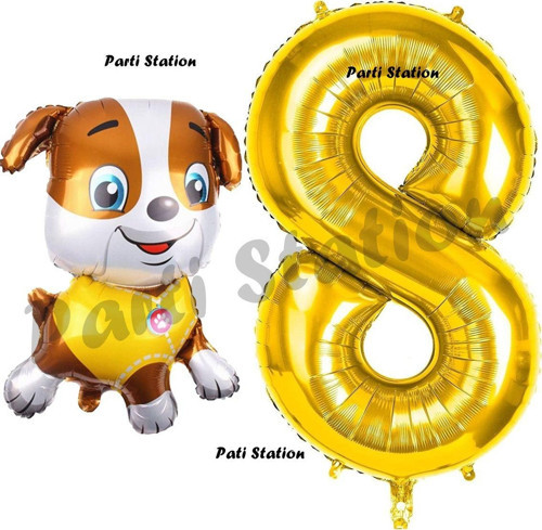 Paw Patrol İnşaat Köpek Rubble 8 Yaş Balon Ve Gold Rakam Balon Doğum Günü Parti Set