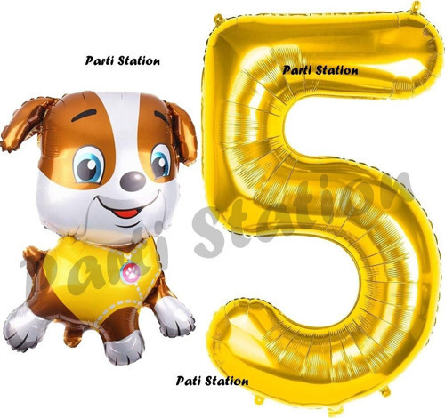 Paw Patrol İnşaat Köpek Rubble 5 Yaş Balon Ve Gold Rakam Balon Doğum Günü Parti Set