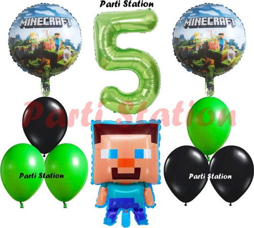 Yeşil Rakam Balonlu Minecraft Konsept Doğum Günü 5 Yaş Balon Set Minecraft Yeşil Siyah Balon Set