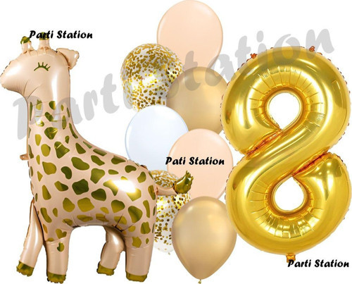 Zürafa Balon Set Safari Zürafa 8 Yaş Balon Set Sevimli Zürafa Ve Gold Rakam Balon Doğum Günü Set