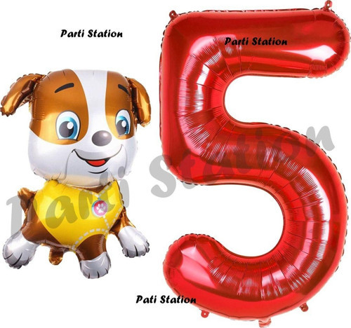 Paw Patrol İnşaat Köpek Rubble 5 Yaş Balon Ve Kırmızı Rakam Balon Doğum Günü Parti Set