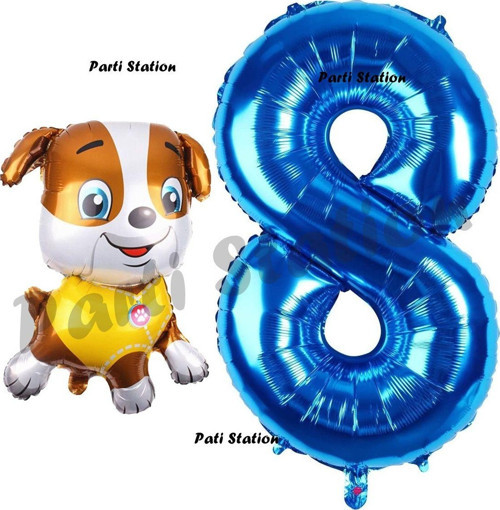 Paw Patrol İnşaat Köpek Rubble 8 Yaş Balon Ve Lacivert Rakam Balon Doğum Günü Parti Set