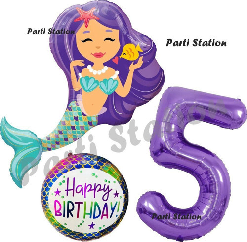 Deniz Kızı Konsept Mermaid Deniz Kızı 5 Yaş Balon Set Ve Mor Rakam Balon Doğum Günü Parti Balon Set
