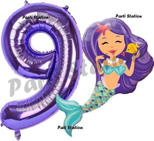 Mermaid Deniz Kızı 9 Yaş Balon Ve Mor Rakam Balon Doğum Günü Parti Balon Set