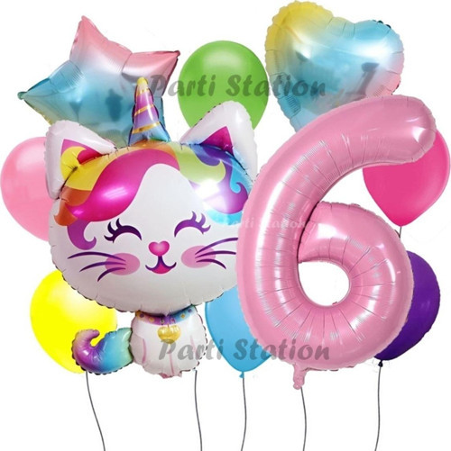 Unicorn Kedi Kitty Konsept 6 Yaş Doğum Günü Parti Balon Set Sevimli Unicorn Kedi Tema Parti Set