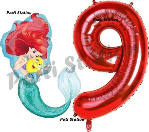 Mermaid Deniz Kızı Ariel 9 Yaş Balon Ve Kırmızı Rakam Balon Doğum Günü Parti Balon Set