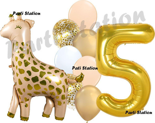 Zürafa Balon Set Safari Zürafa 5 Yaş Balon Set Sevimli Zürafa Ve Gold Rakam Balon Doğum Günü Set